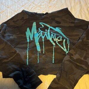 Camo Crop Sweatshirt with Blue Graphic